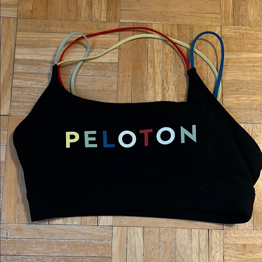 Peloton Black Bra with Colorful Lettering and Straps